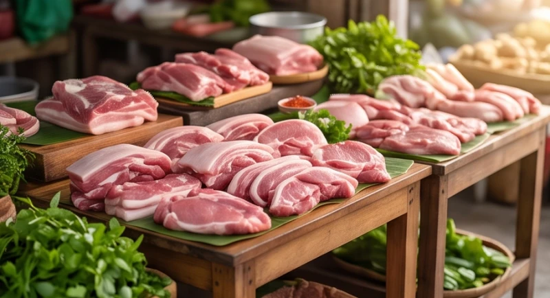 Sạp thịt lợn tươi ngon tại khu chợ nhộn nhịp vào buổi sáng mang đến cơ hội kinh doanh đầy triển vọng