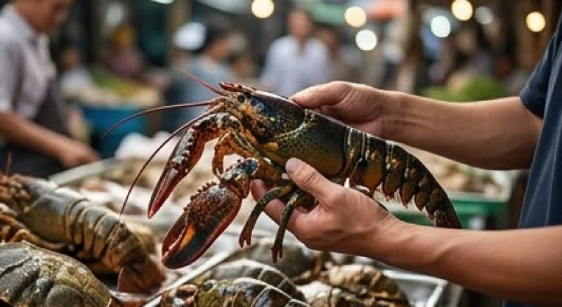 Một con tôm hùm kích thước lớn tươi sống được cầm trên tay tại cửa hàng hải sản cao cấp