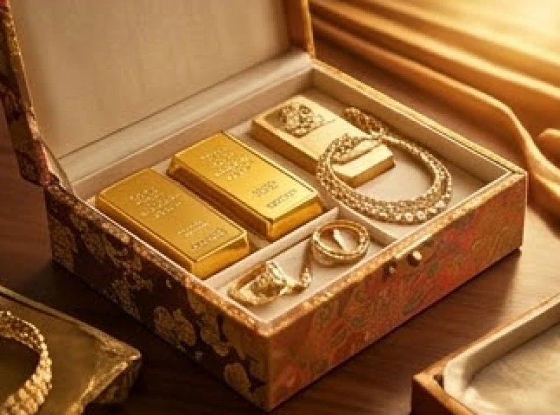 Các thỏi vàng miếng và trang sức giá trị được cất giữ cẩn thận trong hộp gấm