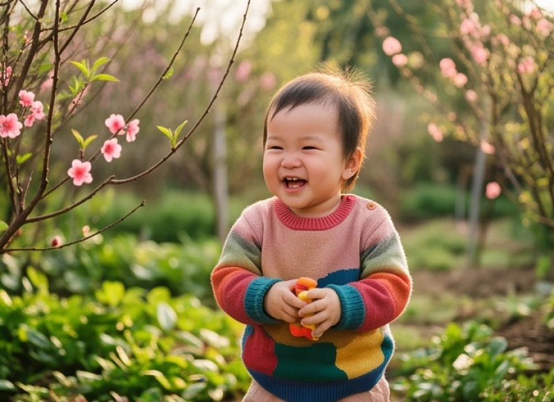 Em bé vui đùa ngoài thiên nhiên trong tiết trời mùa xuân mang lại cảm giác tươi mới và ngập tràn sinh khí
