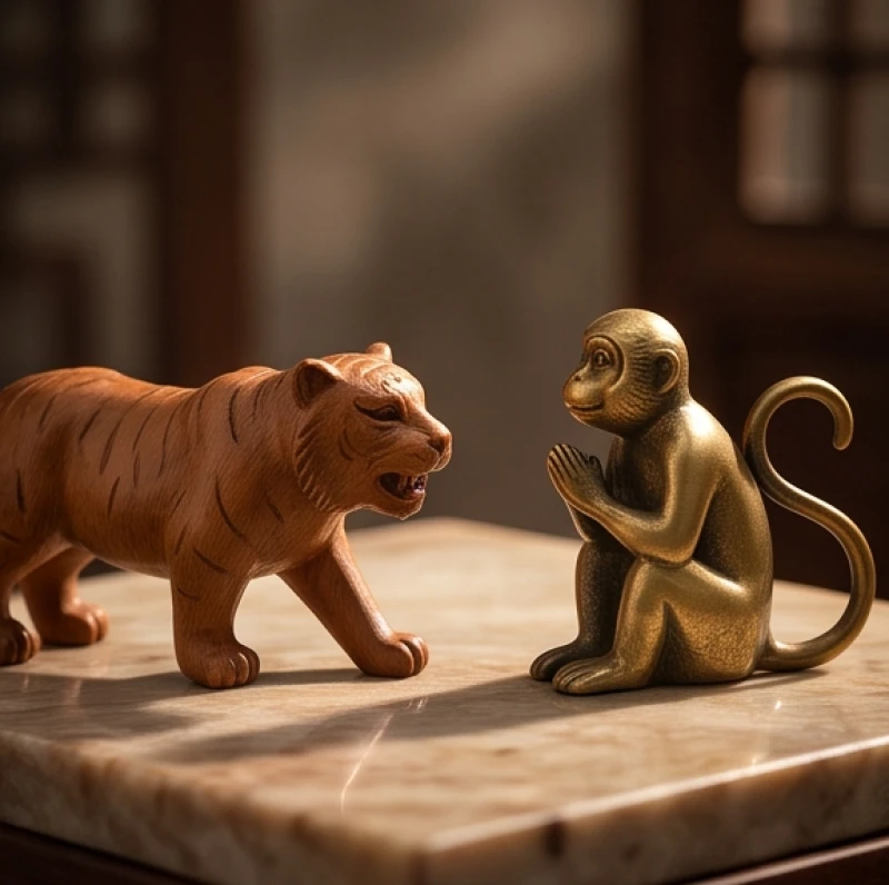 Sự đối kháng giữa tượng hổ bằng gỗ và tượng khỉ bằng kim loại đại diện cho lục xung