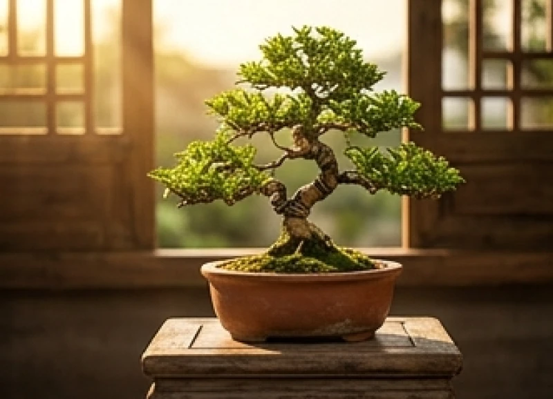 Cây bonsai chậu đất nung được uốn nắn kỹ lưỡng thể hiện sự kiểm soát ôn hòa của quan hệ tương khắc