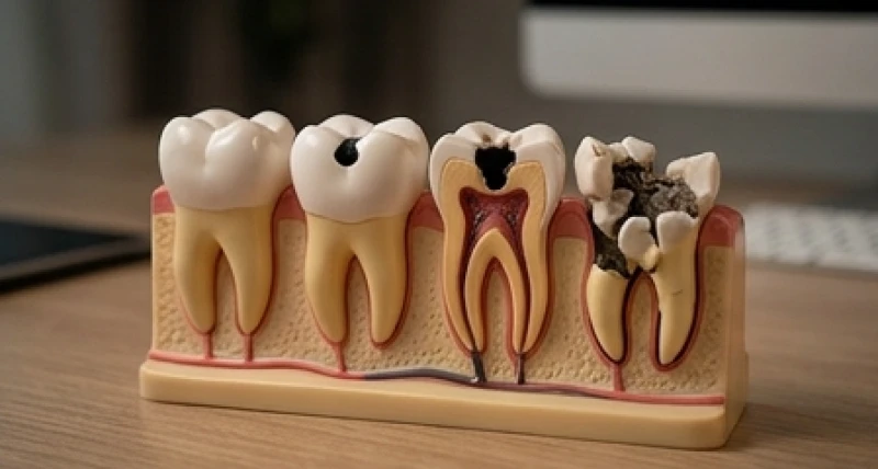 Mơ thấy răng sâu bị rụng: Giải mã điềm báo và dấu hiệu nha khoa 3 Các giai đoạn tổn thương của răng từ chớm đen nhẹ đến thủng lỗ và vỡ nát hoàn toàn trên mô hình nha khoa