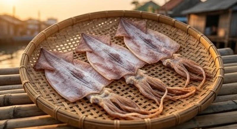 Những con mực khô phơi trên mẹt tre truyền thống đại diện cho những điềm báo cạn kiệt năng lượng khi mơ thấy con mực