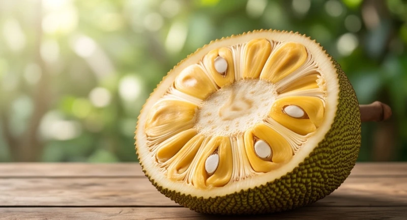 Trái mít chín được xẻ dọc lộ ra những múi mít to tròn và lớp xơ vàng óng ánh cực kỳ hấp dẫn