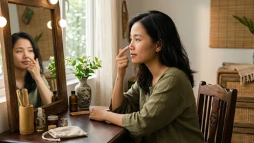 Hình ảnh người phụ nữ soi gương kiểm tra mụn mọc ở mũi là điềm báo gì về sức khỏe
