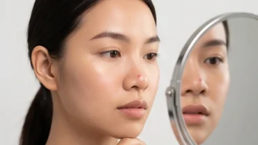 Cô gái người Việt đang soi gương và băn khoăn xem mụn mọc ở mũi là điềm gì đối với sức khỏe và tài lộc