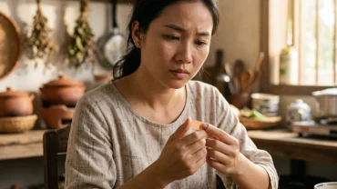 Người phụ nữ vô tình đứt tay đang băn khoăn mùng 1 chảy máu là điềm gì giữa không gian bếp ấm cúng tại Việt Nam