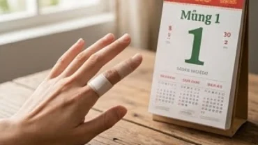 Sự cố đứt tay băng bó bằng gạc sạch bên cạnh tờ lịch đỏ, gợi nhắc nỗi lo mùng 1 chảy máu là điềm gì