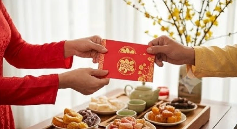 Chủ nhà và vị khách xông đất vui vẻ trao nhau phong bao lì xì đỏ may mắn