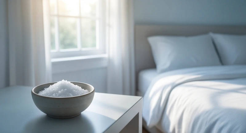 Chén muối biển khô đặt gọn gàng ở góc phòng ngủ ngập tràn ánh nắng tự nhiên
