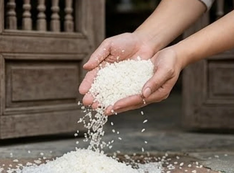 Gia chủ âm thầm rắc một nắm hỗn hợp muối hạt và gạo tẻ trước cổng nhà để thanh tẩy năng lượng xấu và xua đuổi tà khí.