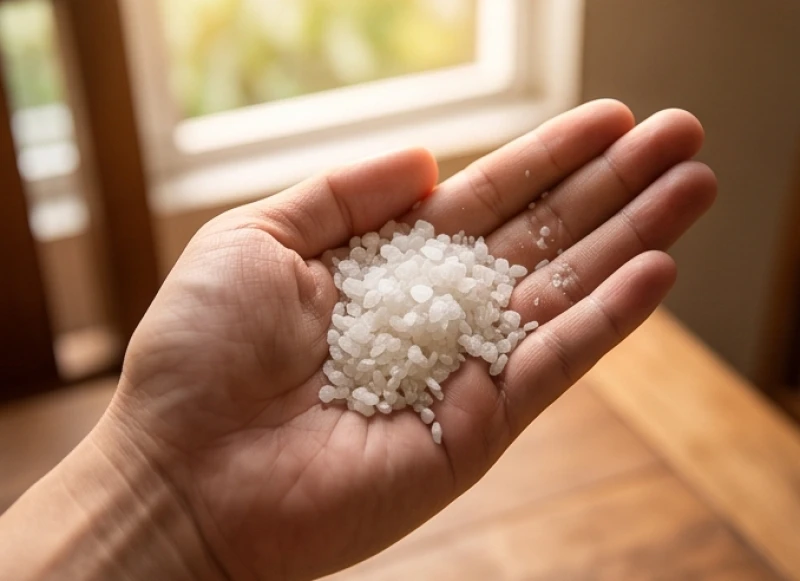 Lòng bàn tay đang cầm một nhúm muối hạt to trộn lẫn với những hạt gạo tẻ trắng