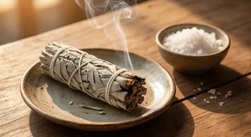 Mèo đen vào nhà là điềm gì? Tốt hay xấu và cách xử lý an toàn 6 Một bó lá xô thơm trắng đang tỏa khói nhẹ được đặt trên đĩa gốm cạnh một bát muối hạt to tự nhiên