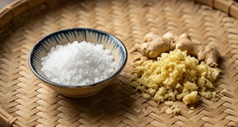 Một bát muối hột trắng muốt đặt cạnh củ gừng tươi giã nát trên nền chiếu cói