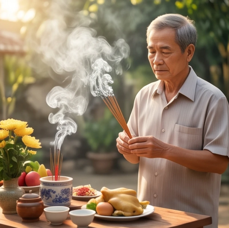 Một người đàn ông lớn tuổi đang dâng hương trước mâm cúng đại diện cho chủ nhà