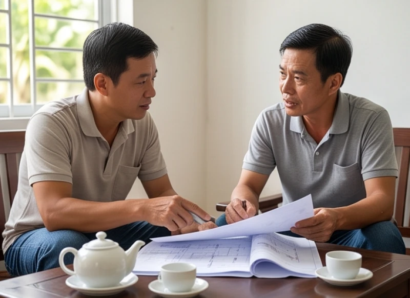 Cách xem tuổi làm nhà: Công thức tính hạn và thủ tục bài bản 8 Hai người đàn ông cùng xem bản vẽ thiết kế, trao đổi về việc mượn tuổi xây nhà