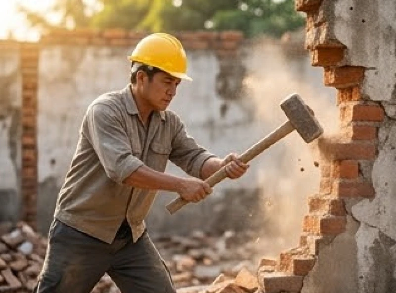 Văn khấn tháo dỡ nhà cũ: Bài cúng chuẩn và thủ tục thực địa 3 Người đàn ông khỏe mạnh cầm búa tạ đập dứt khoát vào bức tường gạch cũ kỹ để động thổ phát lệnh