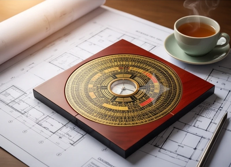 Tử vi tuổi Bính Dần 1986 năm 2026: Chi tiết 12 tháng và sắm lễ 11 Bản vẽ thiết kế kiến trúc và chiếc la bàn phong thủy đặt trên bàn chuẩn bị cho việc xây nhà