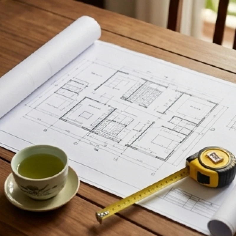 Bản vẽ thiết kế xây dựng được trải phẳng trên bàn gỗ chuẩn bị cho thủ tục mượn tuổi động thổ