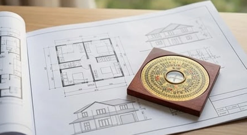 Bản vẽ thiết kế nhà đặt cạnh la bàn phong thủy giúp gia chủ lên kế hoạch mượn tuổi trước khi động thổ