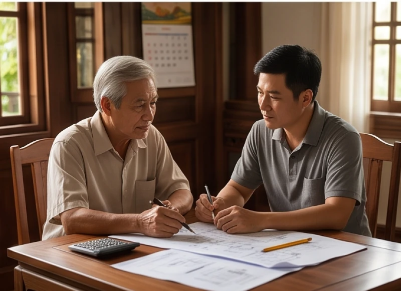 Gia chủ lớn tuổi trao đổi cùng con cháu về thủ tục mượn tuổi để cất nhà