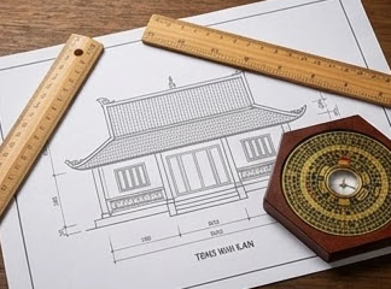 Bản vẽ thiết kế nhà cổ truyền thống trải rộng bên cạnh thước lỗ ban và chiếc la bàn