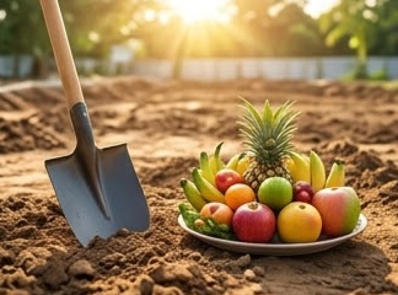 Xẻng xúc đất đặt cạnh mâm hoa quả tươi trên khu đất trống chuẩn bị khởi công xây nhà