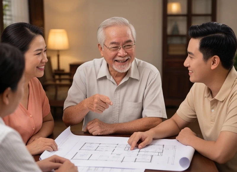 Gia đình họp bàn việc mượn tuổi xây nhà để tránh phạm hạn Kim Lâu Tử cho ông bà