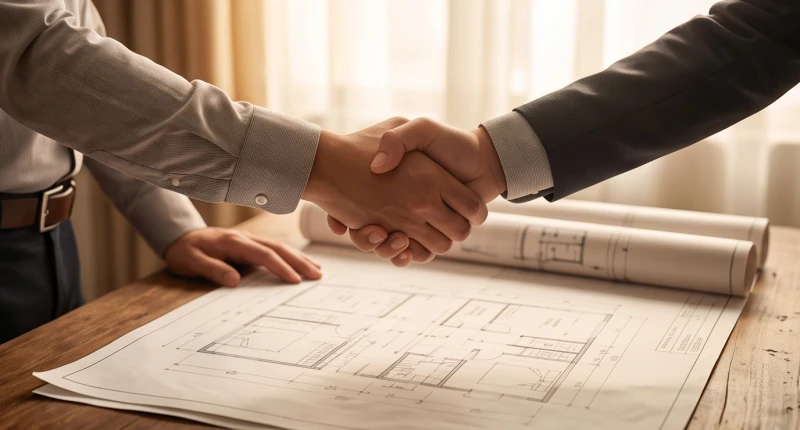 Hai người đàn ông trung niên bắt tay trên bản vẽ xây dựng đại diện cho việc mượn tuổi