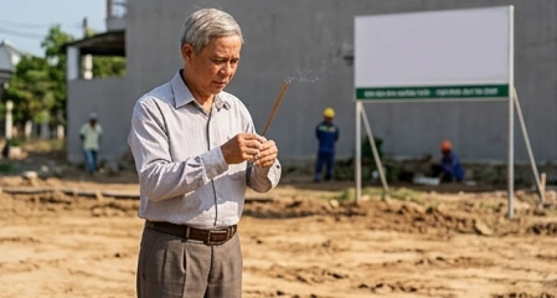 Một người nam giới lớn tuổi đang đại diện chủ nhà thực hiện nghi thức cúng khấn tại công trình