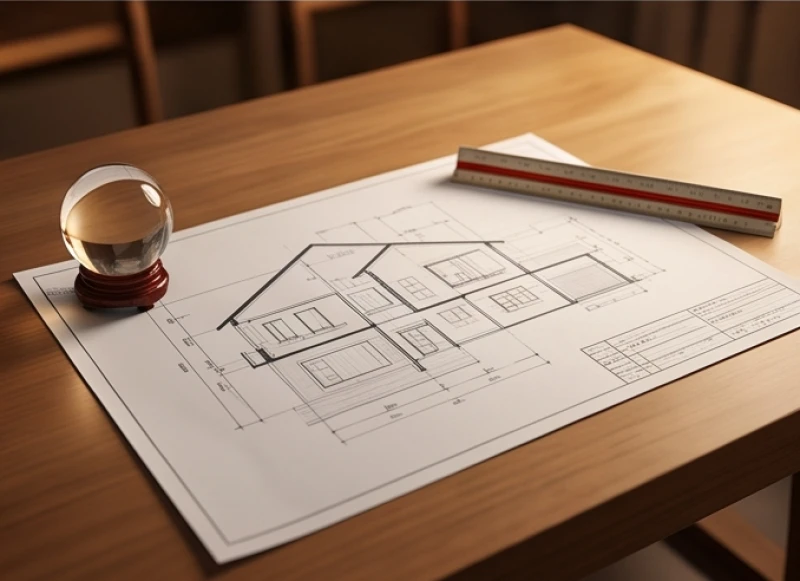Bản thiết kế kiến trúc nhà ở được trải trên bàn cùng những vật phẩm phong thủy cầu bình an