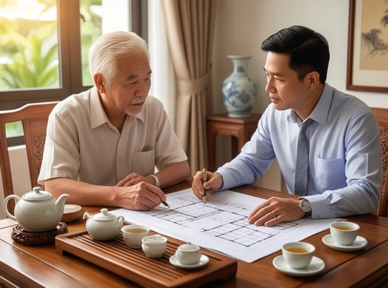 Hai người đàn ông trung niên đang trao đổi bản vẽ thiết kế và thảo luận về việc làm nhà