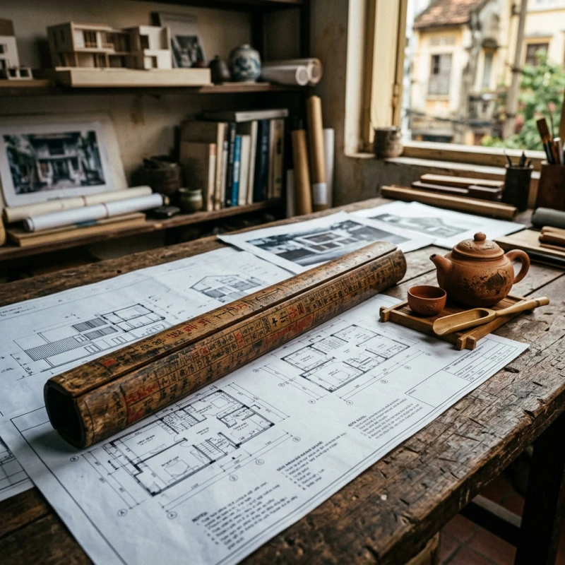 Bản vẽ thiết kế nhà đặt cạnh chiếc thước Lỗ Ban và khay trà truyền thống mượn tuổi