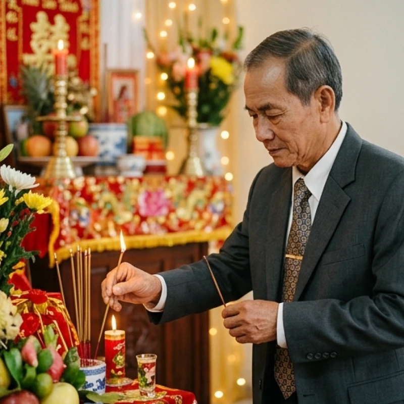 Tuổi Sửu nên cưới vào năm nào: Ma trận chọn năm & tháng tốt 12 Người đàn ông lớn tuổi với gương mặt phúc hậu đang đại diện gia đình thắp nén nhang báo cáo gia tiên trong lễ thành hôn