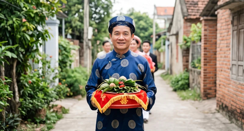 Một người bác lớn tuổi phúc hậu đang nâng khay trầu cau dẫn đầu đoàn rước dâu trên con đường làng thanh bình