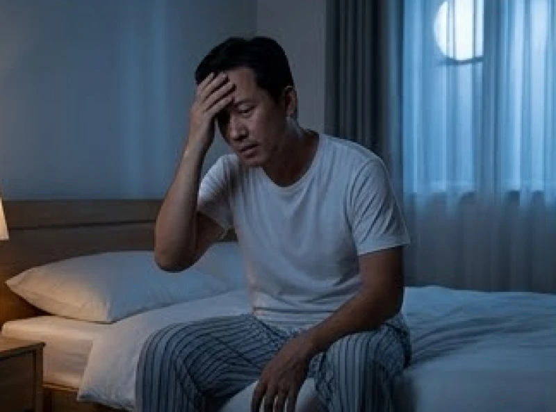 Người đàn ông mất ngủ vào lúc rạng sáng vì nấc cụt, thể hiện sự mệt mỏi và trằn trọc trên giường