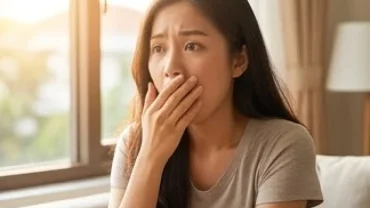 Người phụ nữ lấy tay che miệng phân vân nấc cụt là điềm gì, thể hiện sự băn khoăn về thông điệp phong thủy