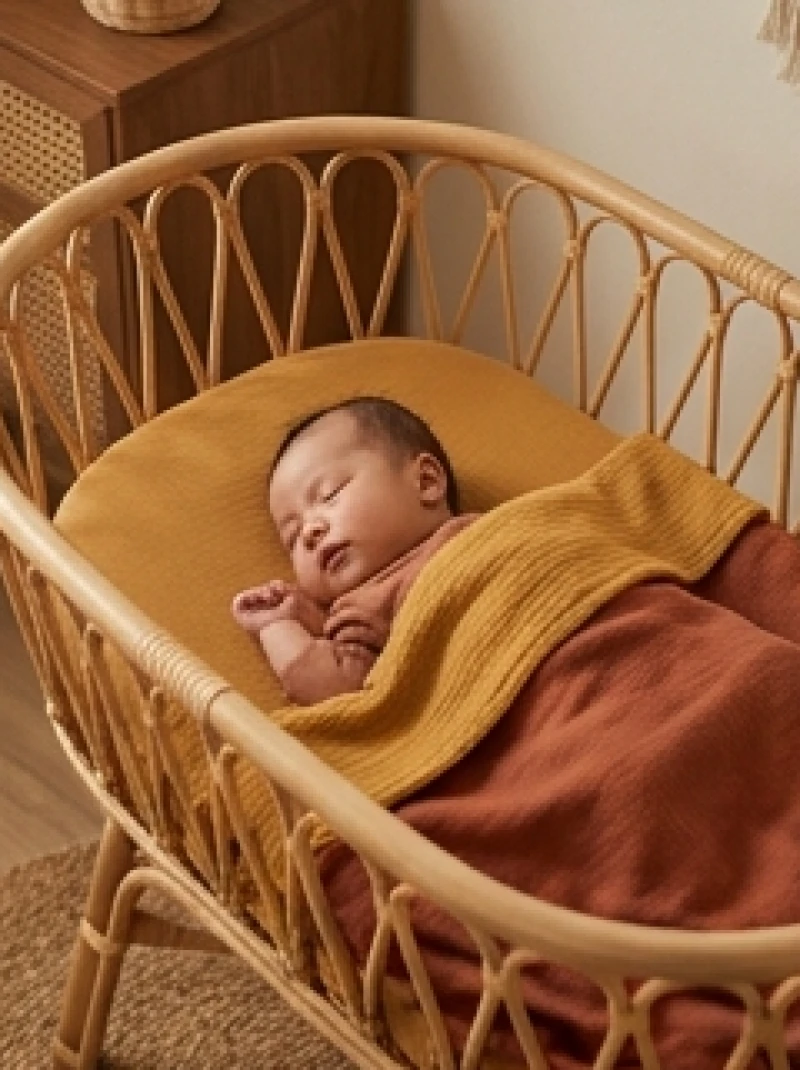 Bé sơ sinh ngủ ngoan trong chiếc nôi màu ấm tượng trưng cho sinh khí dồi dào của năm Hỏa bồi đắp cho mệnh Thổ