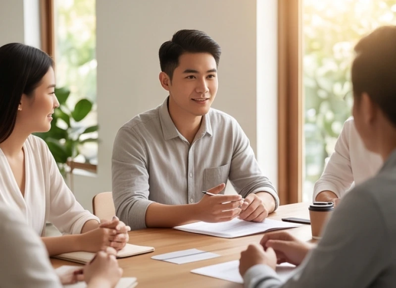 Ất Dậu 2005 mệnh gì: Bản mệnh, tuổi hợp và cách hóa giải màu kỵ 4 Nam thanh niên tuổi 2005 đang thảo luận cùng nhóm bạn trong không gian mở để cải thiện kỹ năng giao tiếp