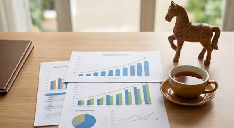 Không gian làm việc năng động với biểu đồ tăng trưởng và tách trà ấm, biểu tượng cho năm Bính Ngọ thuận lợi