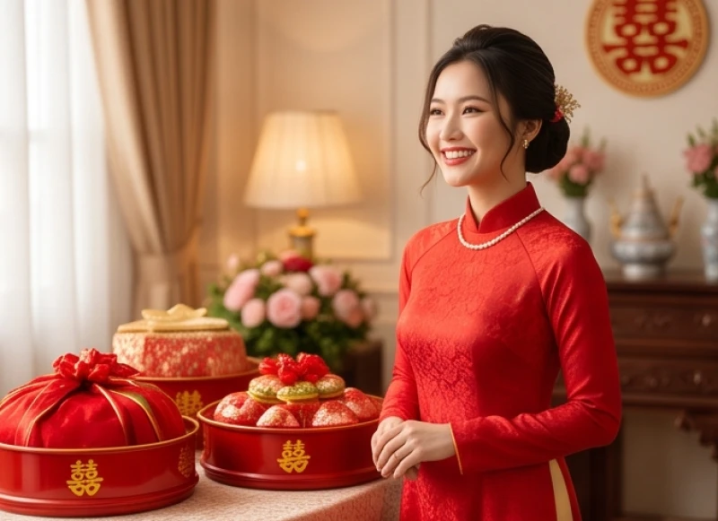 Cô dâu tuổi Tý mặc áo dài đỏ mỉm cười hạnh phúc bên mâm quả cưới truyền thống chuẩn bị cho lễ gia tiên