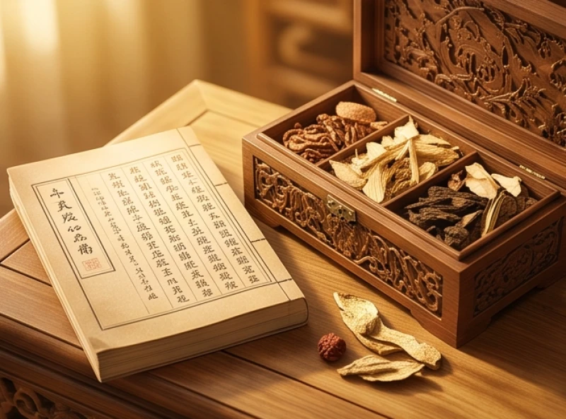 Cuốn lịch vạn niên cổ và hộp gỗ đựng thảo dược đông y gợi nhắc việc chăm sóc sức khỏe cẩn trọng
