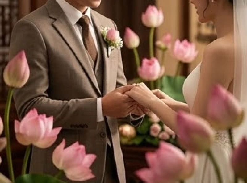 Tuổi Mão hợp kết hôn với tuổi nào: Chuẩn can chi nam nữ 3 Chú rể mặc vest lịch lãm nắm tay cô dâu trong không gian tiệc cưới ấm cúng trang trí hoa sen.
