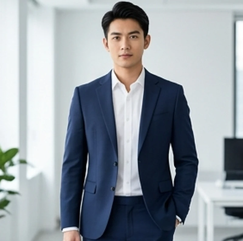 Màu trang phục hợp tuổi Sửu: Công thức phối đồ Nam Nữ chi tiết 3 Nam giới mặc áo vest màu xanh navy và sơ mi trắng thể hiện phong cách thanh lịch hợp mệnh Thủy