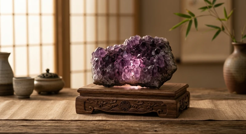 Khối thạch anh tím tự nhiên phát sáng nhẹ nhàng giúp bổ sung năng lượng hành Hỏa cho mệnh Thổ