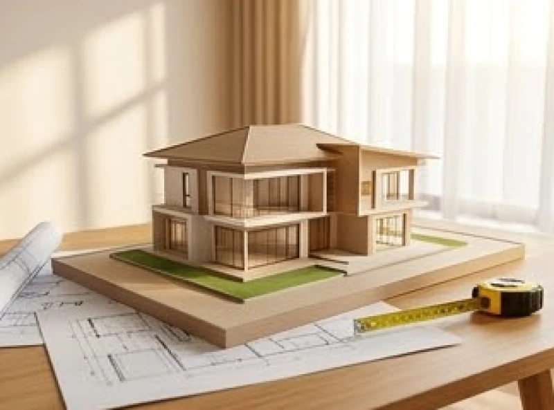 Quý Mùi 2003 hợp hướng nào: Hướng nhà và bàn thờ chuẩn 8 Mô hình nhà ở kiến trúc hiện đại đặt cạnh bản vẽ và dụng cụ đo lường phong thủy