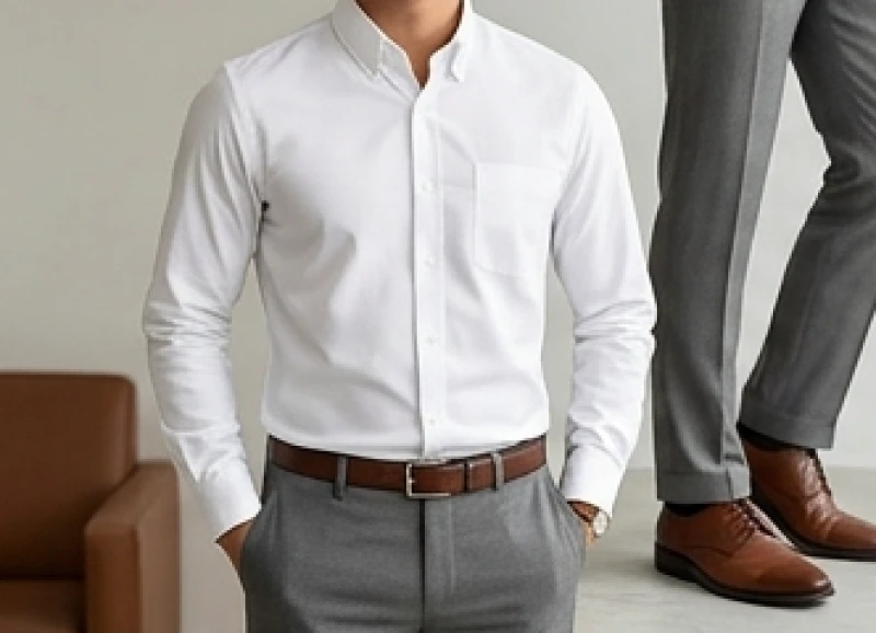 Màu trang phục hợp tuổi Tý: công thức phối riêng nam và nữ 5 Nam giới mặc sơ mi trắng chất liệu Oxford phối cùng quần âu xám ghi và giày da màu nâu.