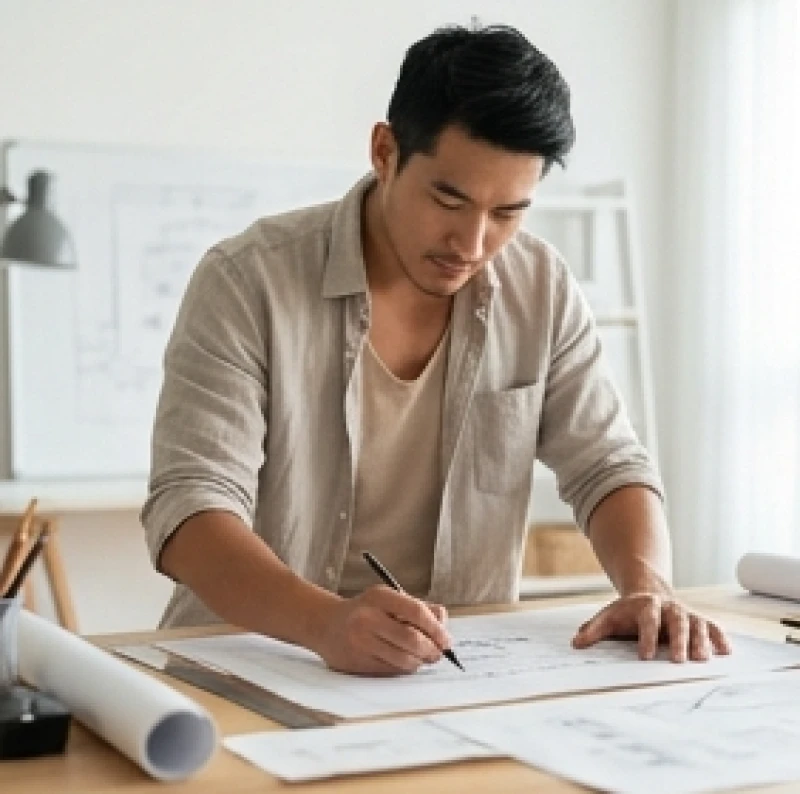 Nam giới có đặc điểm nốt ruồi ngực phải đang tập trung làm việc trong không gian nghệ thuật