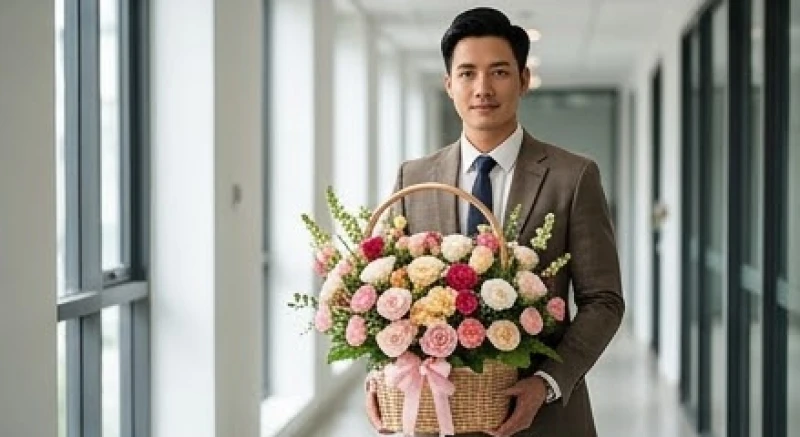 Mơ thấy được tặng hoa: Giải mã theo người tặng & số lượng 5 Một người đàn ông mặc vest lịch lãm đang cầm trên tay lẵng hoa chúc mừng rực rỡ